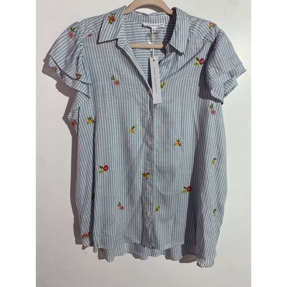 Jane + Delancey Top 2X Blue White Striped Floral Embroidered Boho Button Up - Picture 1 of 11